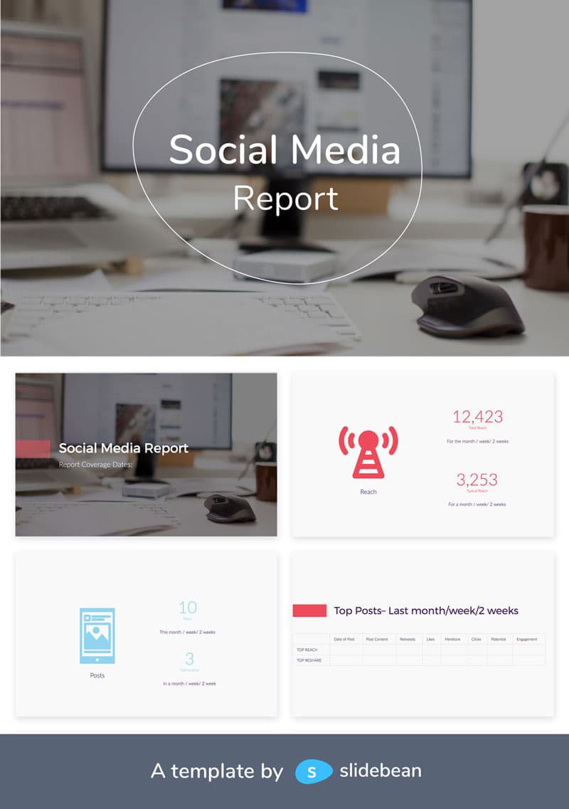 Image contains a Social media report template