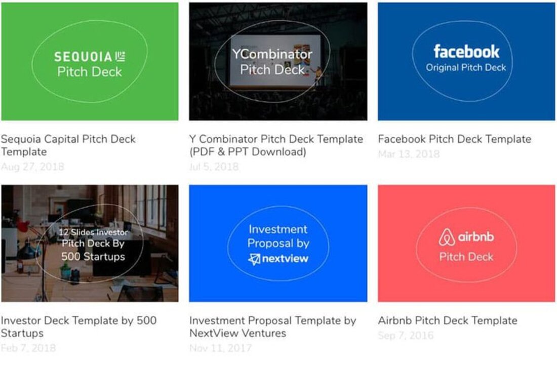Image contains six pitch deck examples