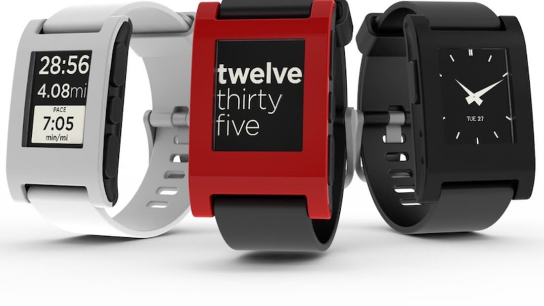 Image for What Happened to Pebble: Three Pebble watches in a white background. There's one grey, one red and one black. Each display is different