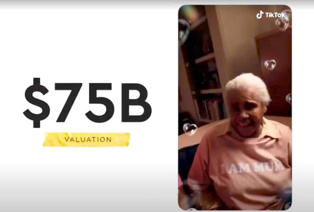 Image for when did tiktok come out: a tiktok clip on the right with the valuation to the left
