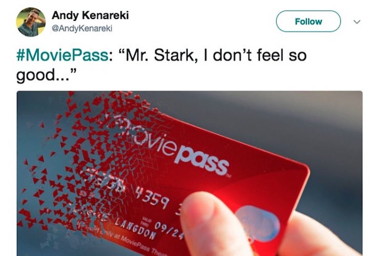 A tweet mocking what happened to MoviePass, as the moviepass card disintegrates, resembling Thanos
