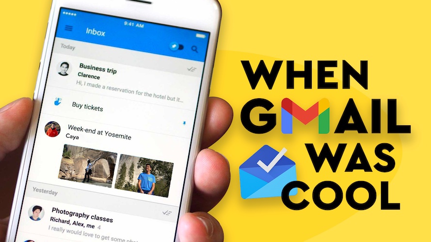 Google Inbox article: a hand holding a smartphone with google inbox. In the background, it reads: "when Gmail was cool", in black lettering, with a yellow background.