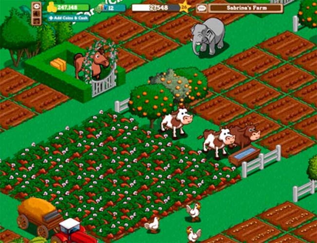 Image for When did Farmville come out? A screenshot of farmville showing patches of land, a horse in a stable, an elephant and a cow
