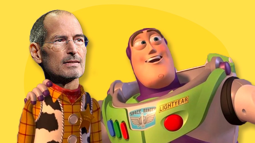 Image for Steve Jobs Pixar article: Buzzlightear next to Woody, but Woody's face is cropped and replaced with Steve jobs, against a yellow background