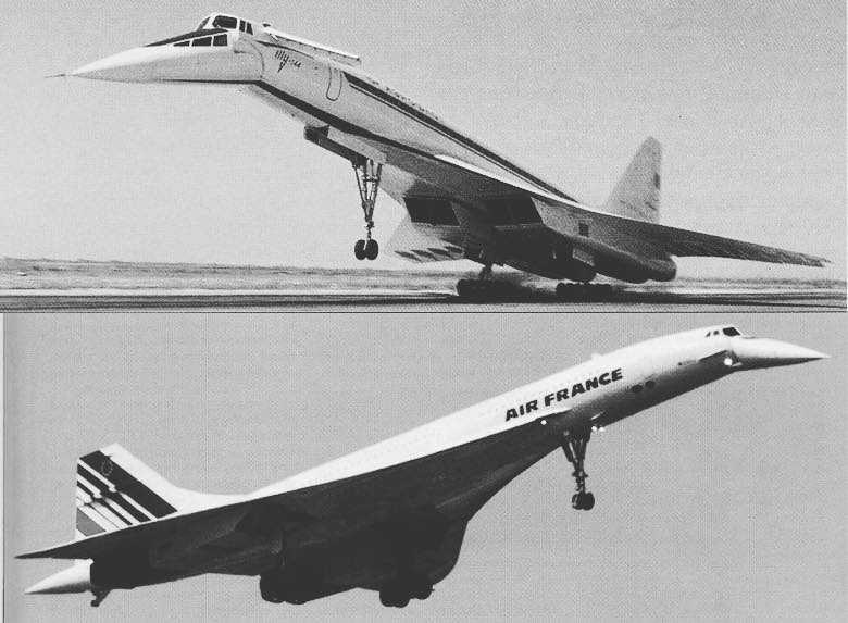 Image for what happened to the Concorde: an image compares the Tu-144 with the Concorde and highlights how the two looked very alike. The TU-144 is on top and the Concorde below