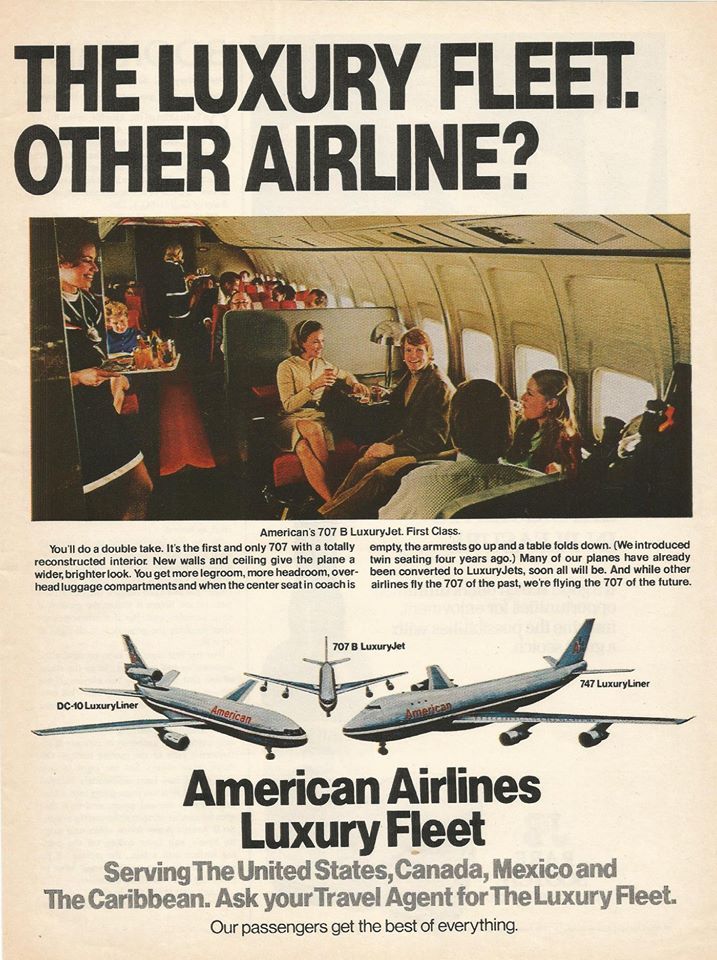 An old poster for American Airlines, showing comfortable seats with passengers enjoying drinks and talking. Below that, there are old planesw
