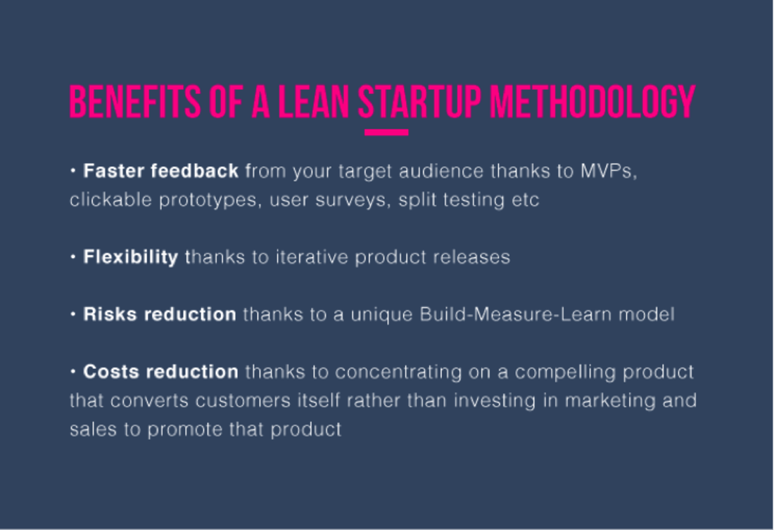 Image contains some benefits of a lean startup methodology 